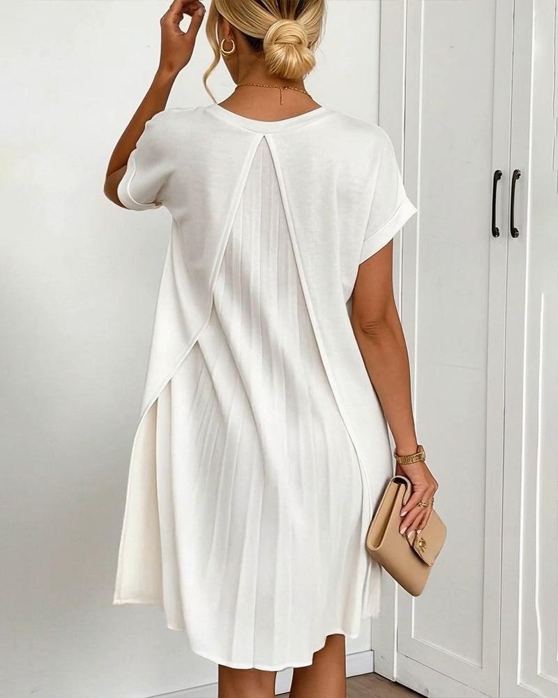 Pleated Short-Sleeved V-Neck Dress