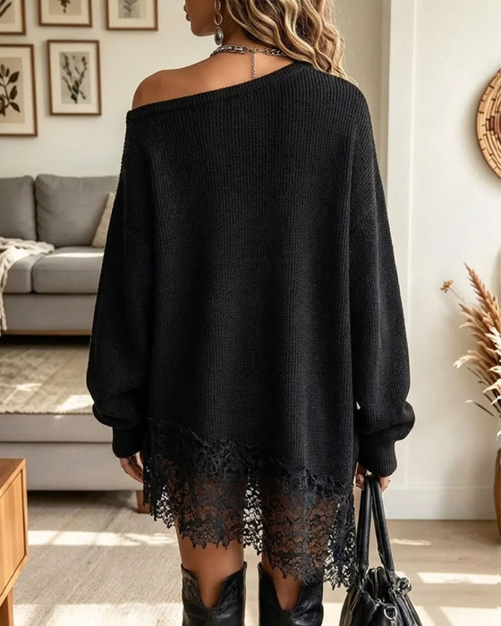 Off-Shoulder Lace Patchwork Sweater Dress