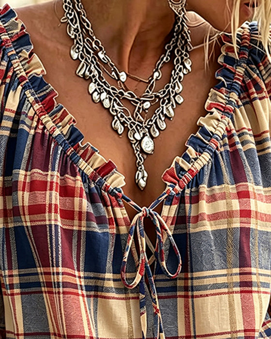 V-Neck Tie Plaid Blouse