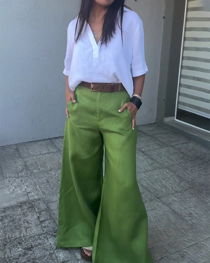 Green High-Waisted Wide-Leg Linen Pants
