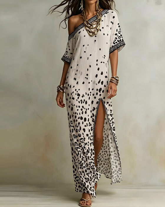 One-Shoulder Polka Dot Gradient Slit Dress