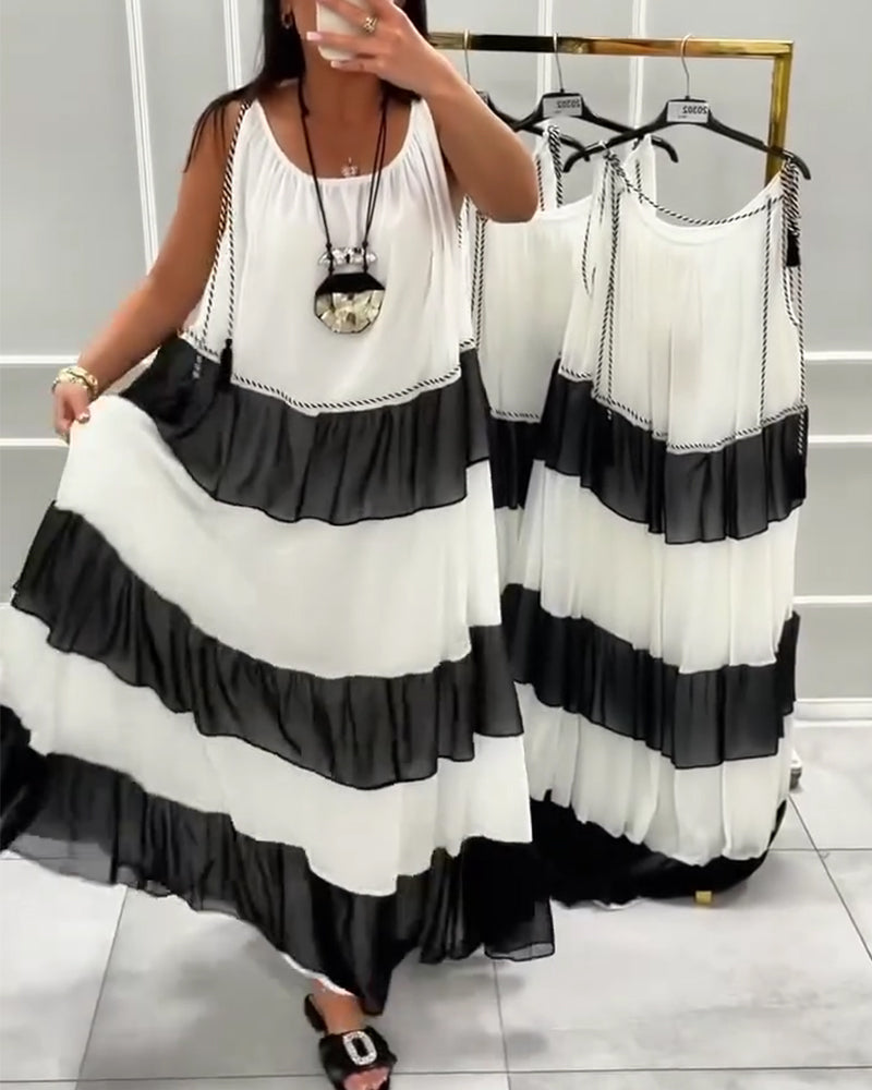 Round Neck Sleeveless Color Block Dress