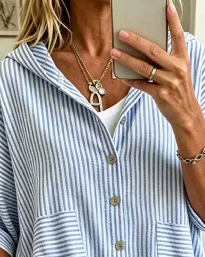 Hooded Button-Down Stripe Short-Sleeve Blouse
