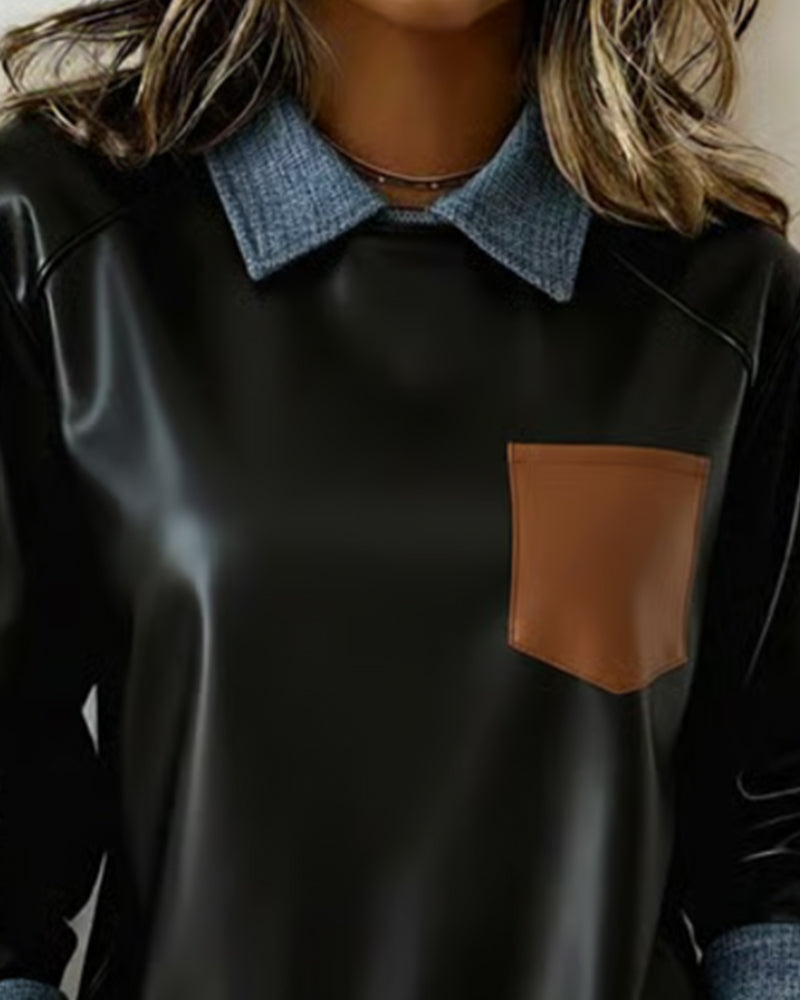 PU Color Block Lapel Sweatshirt