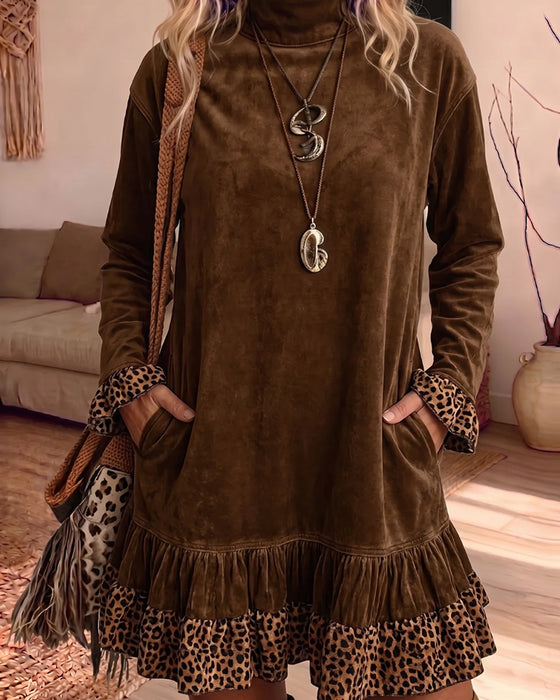 Mock-Neck Pocket Leopard Ruffle Dress
