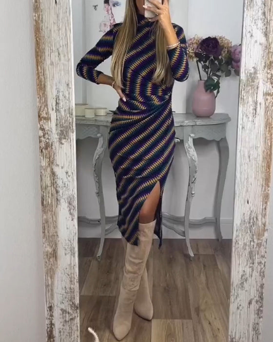 Sexy Dress with Striped and High Neck