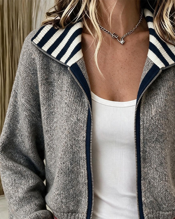 Color-Block Striped Zip-Up Cardigan