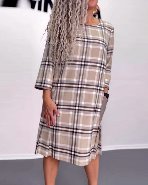 Plaid print patchwork pocket casual dress