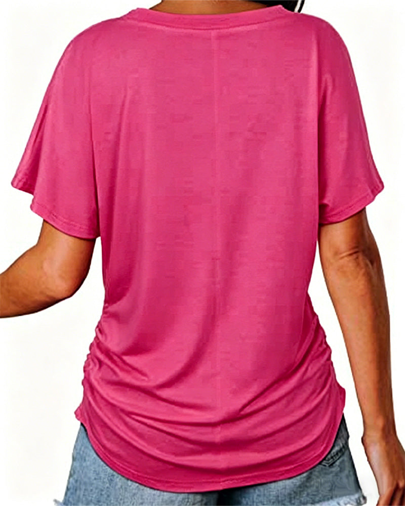 Pleated Solid Color V-Neck T-Shirt