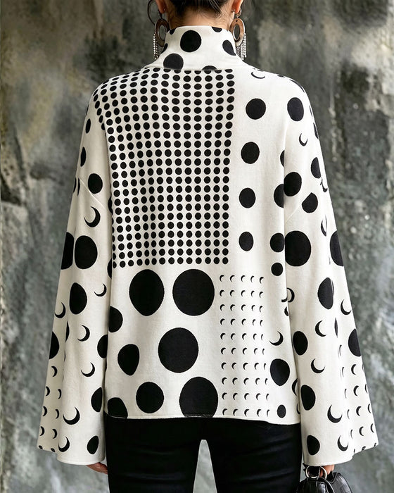 High Neck Polka Dot Flare Sleeve Top