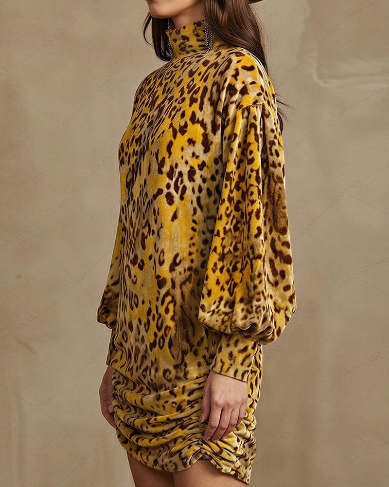 High Neck Leopard Lantern Sleeve Elegant Dress