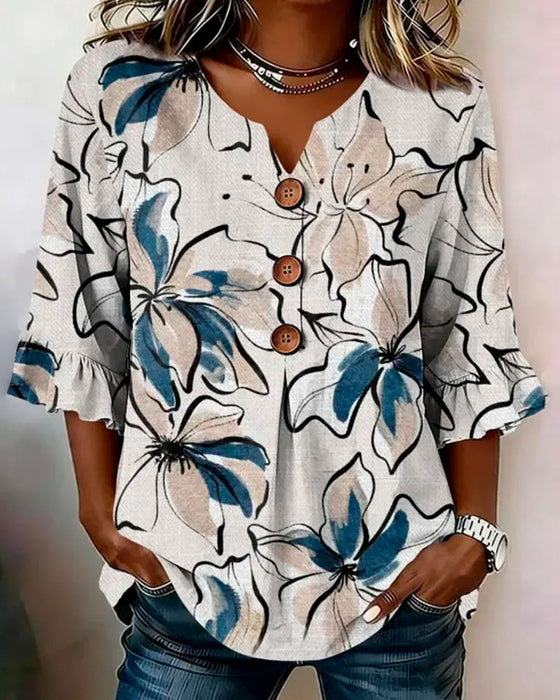 V-Neck Floral Ruffle Three-Quarter Sleeve Blouse