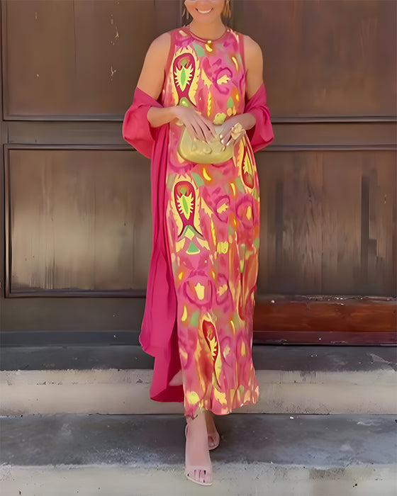 Sleeveless Long Dress With Long Cardigan Set