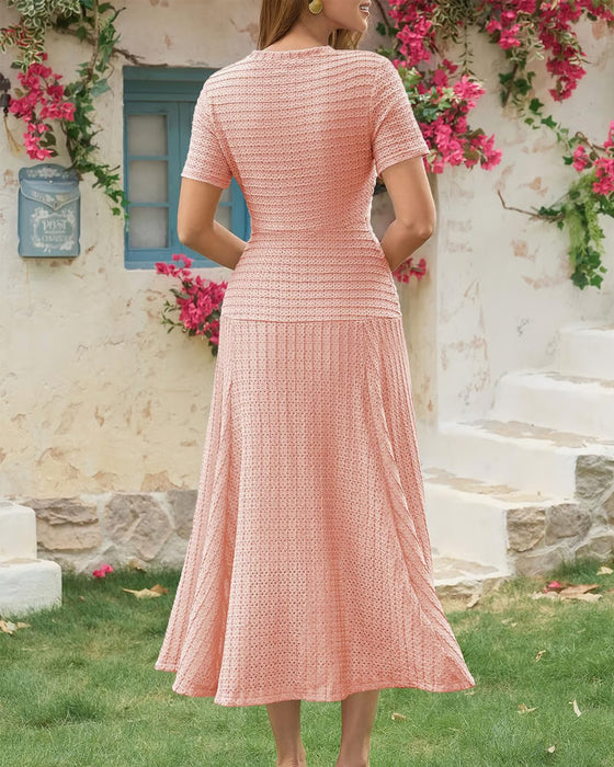 Crew Neck Slim Fit Button Patchwork Dress