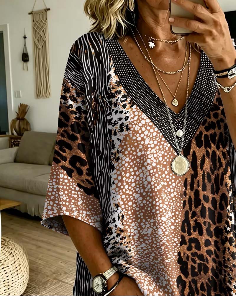 V-Neck Leopard Dot Color-Block Top