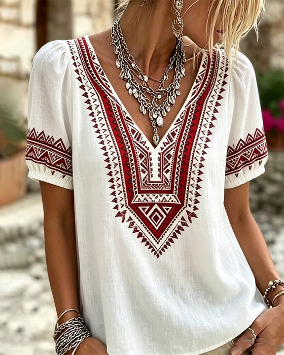 V-Neck Bohemian Bubble Sleeve Blouse