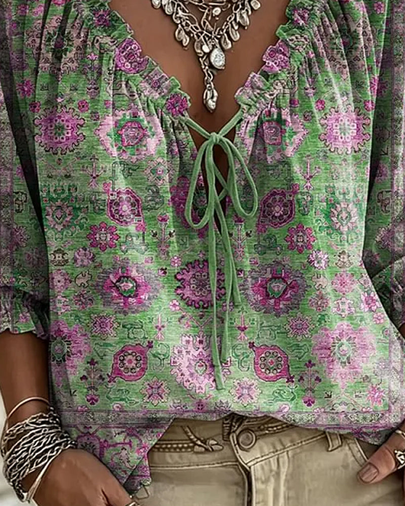 V-Neck Tie Vintage Print Blouse