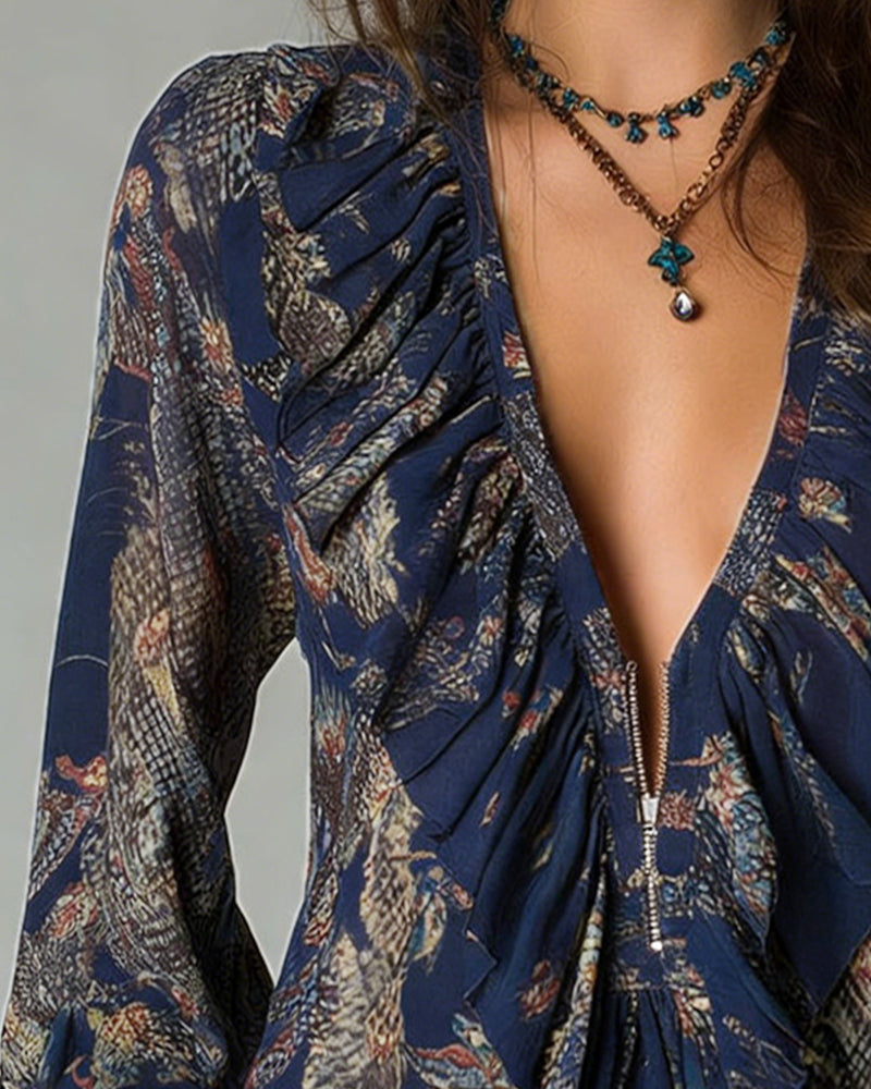 Deep V Ruffle Print Elegant Blouse
