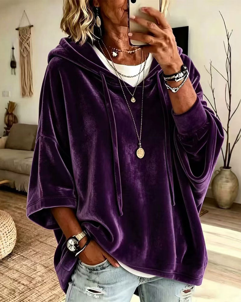 3/4 Sleeve Velvet Hooded Sweatshirt
