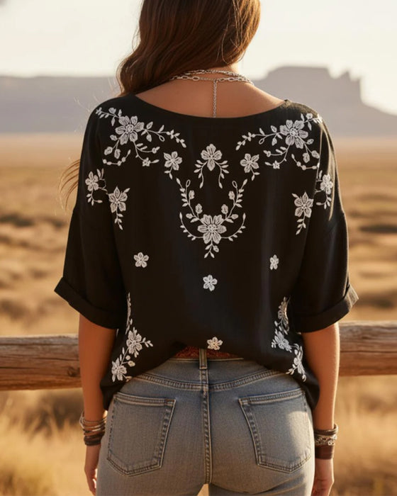 Crew Neck Drop Shoulder Loose Floral Blouse