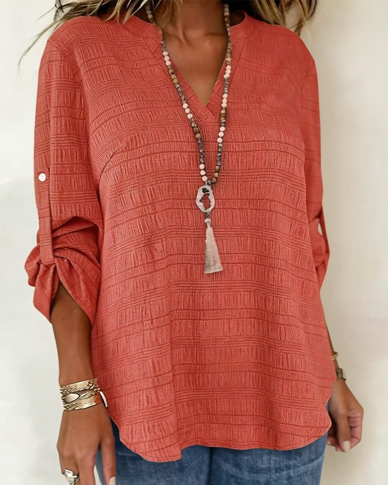 Textured V-Neck Adjustable Sleeve Top