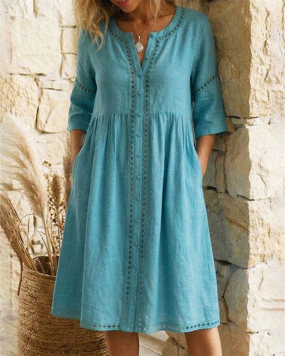 100% Cotton Hollow Out V-Neck Button-Front Dress