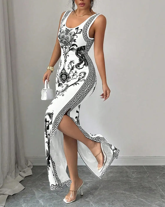 Blue-and-White Sleeveless Slit Maxi Dress