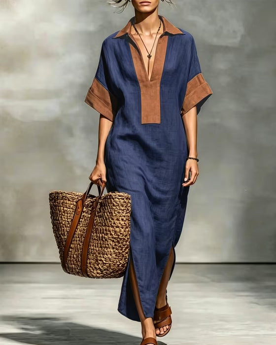 Lapel Colorblock Vacation Dress