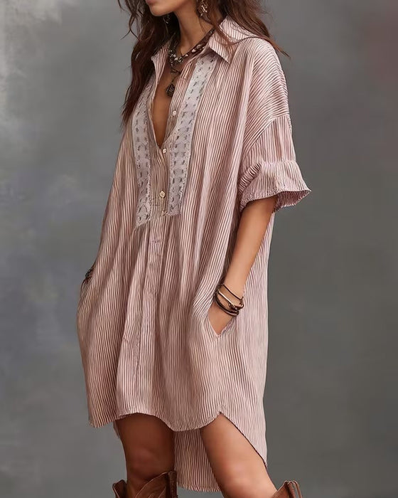 Lapel Stripe Patchwork Loose Dresses