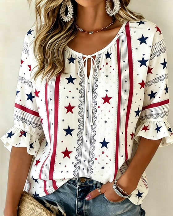 Printed Lace-Up Ruffle Sleeve Blouse