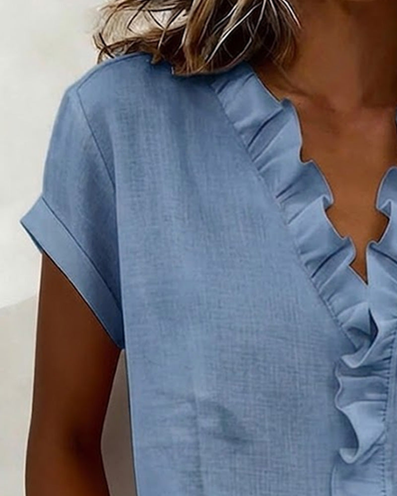 Pure Cotton Short-Sleeved Blouse With Ruffled Collar