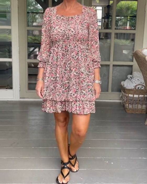 Square Neck Floral Print Casual Dress