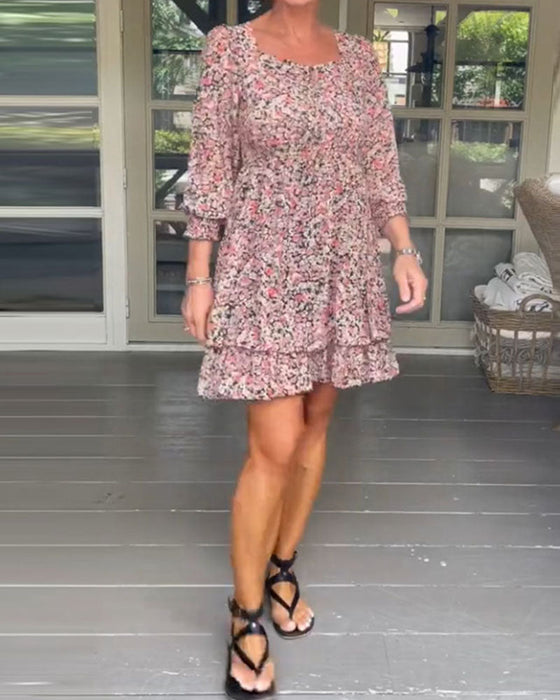 Square Neck Floral Print Casual Dress
