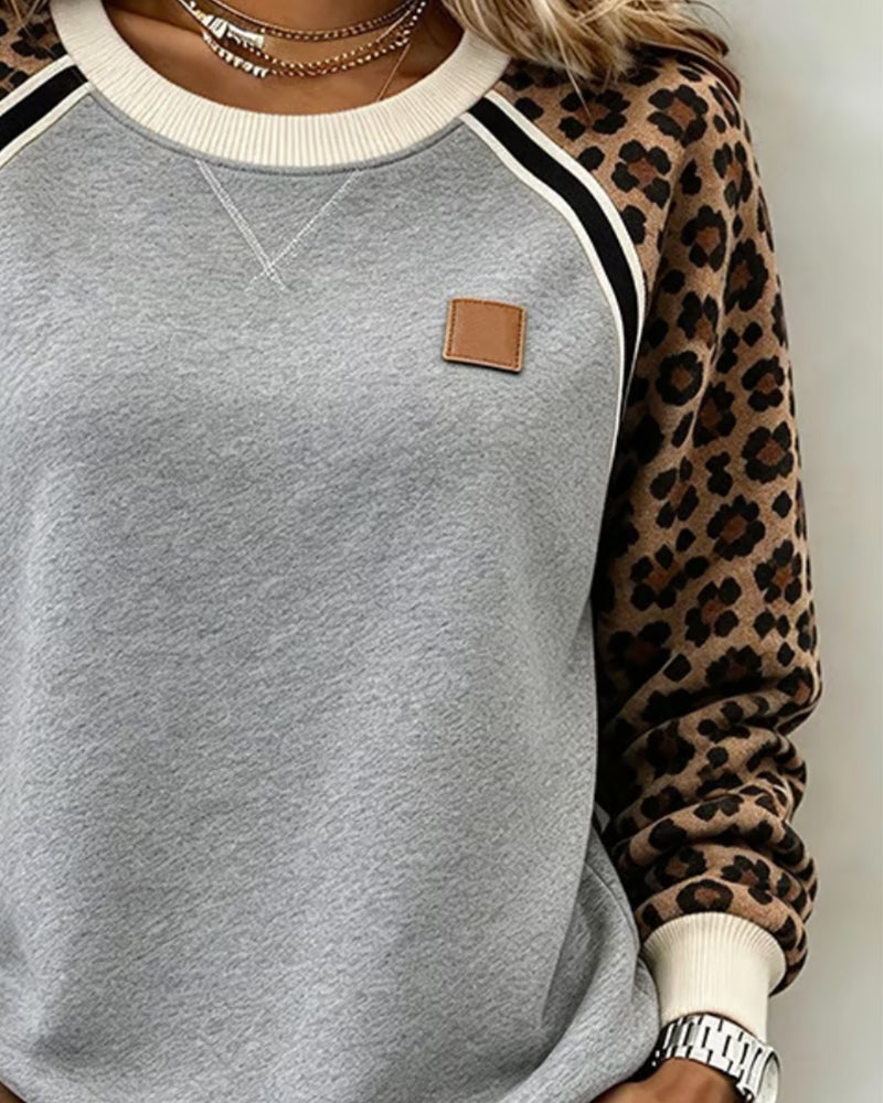 Leopard Color-Block Crew Neck Sweatshirt