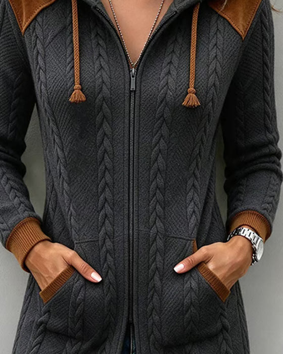 Color Block Cable Hooded Zipped Coat