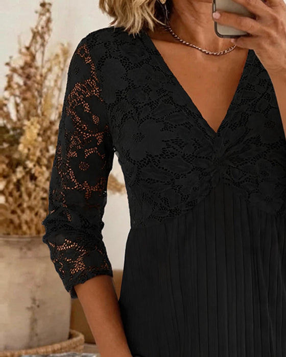 Relaxed V-Neck Lace Panel Blouse
