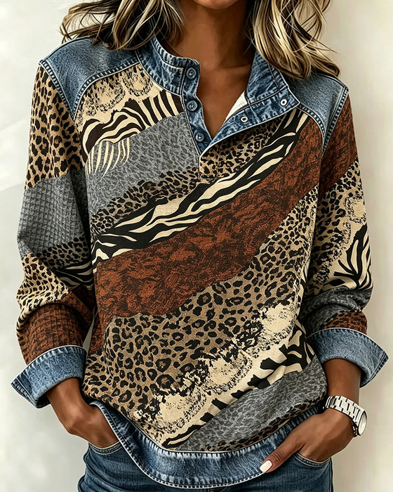 Patchwork Leopard Button Blouse