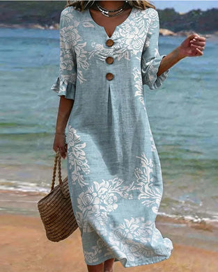 Floral Print Three-Button Long Dresses