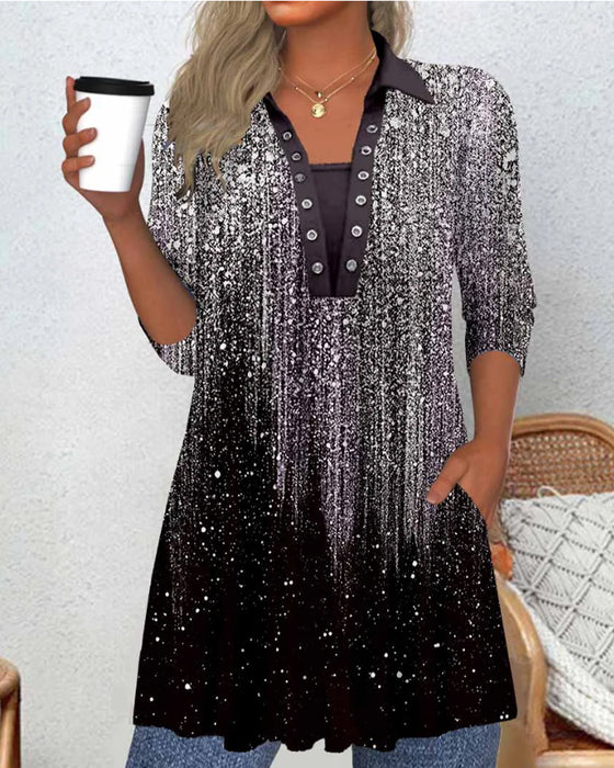 Long-Sleeved Collared Printed Blouse