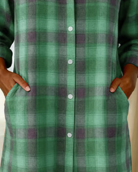 Lapel Plaid Button-Down Shirt Dress