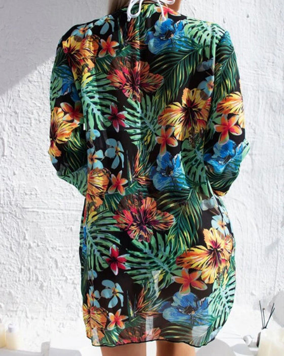 Printed bikini mesh blouse three-piece set