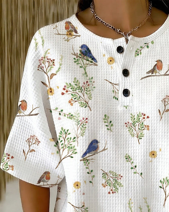 Round Neck Button Waffle T-Shirt