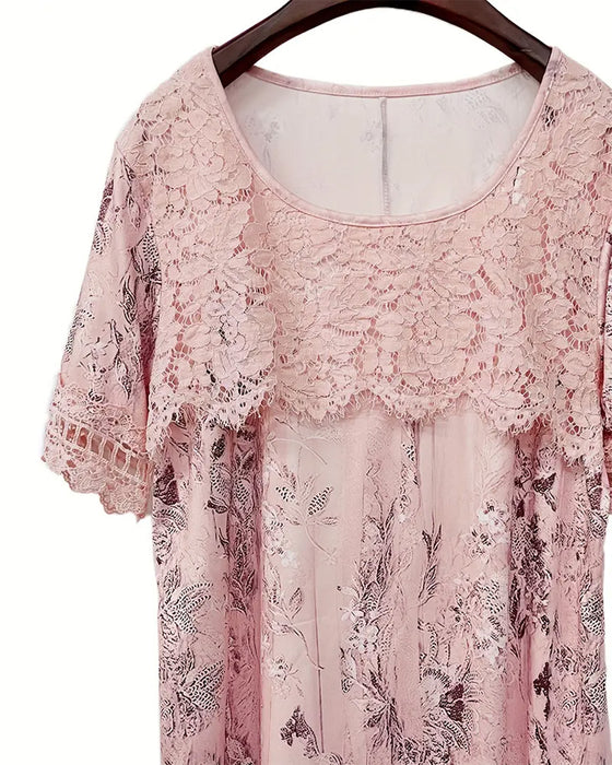 Wide Collar Short Sleeve Lace Patchwork T-Shirt