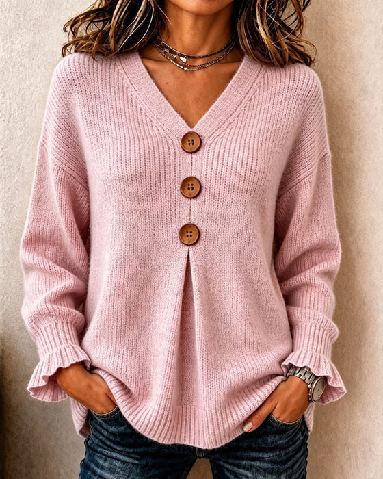 V-Neck Button Pullover Sweater