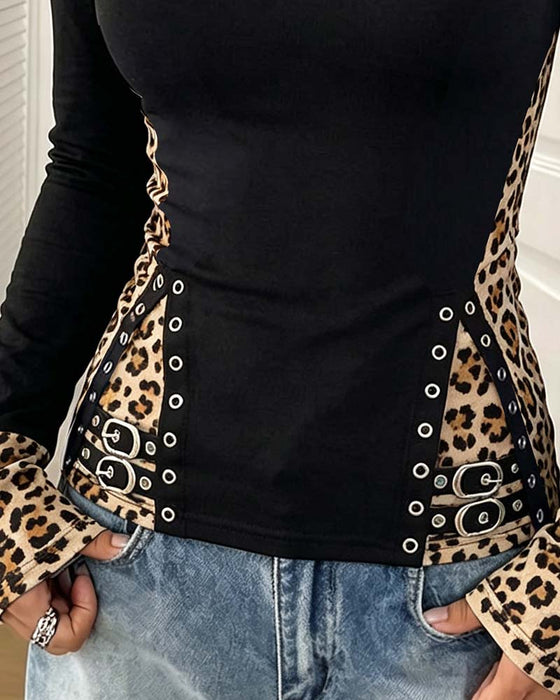 Leopard Patchwork U-Neck Fitted Top