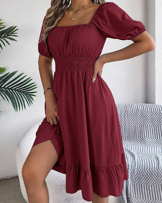 Square Neck Cinched Waist Ruffle A-Line Dress