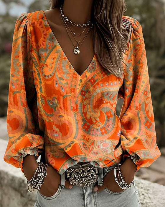 Patterned V-Neck Puff-Sleeve Blouse