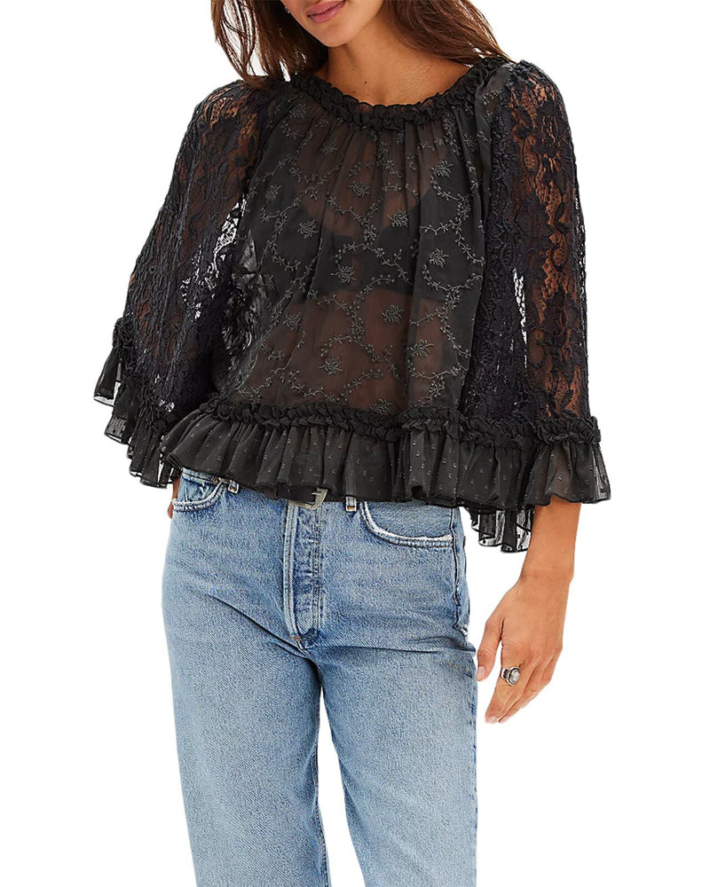Lace Hollow-Out Ruffle Sleeve Sun Protection Blouses