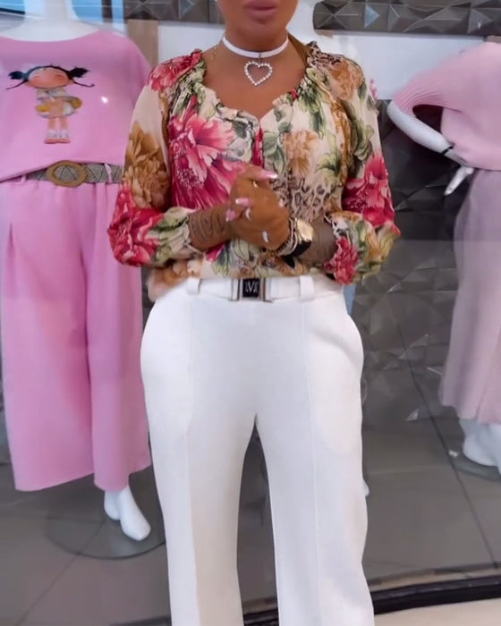 V-Neck Floral Print Blouse