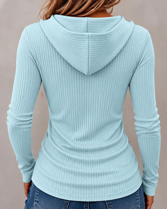 Hooded Zip Ribbed Pocket Top
